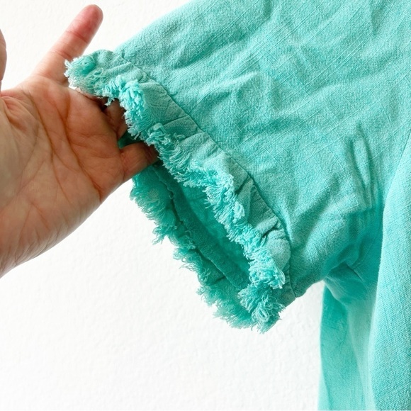 Umgee Green Babydoll Linen Cotton Ruffle Tunic Blouse Top Frayed Hem Sz M - Picture 6 of 12